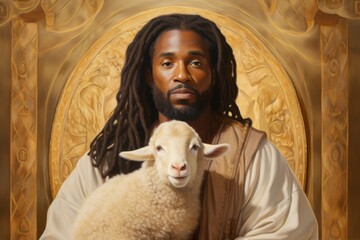 Wall Mural - Black Pastor with a sheep - Holy African American Man with a lamb - Religious Leader of the Church