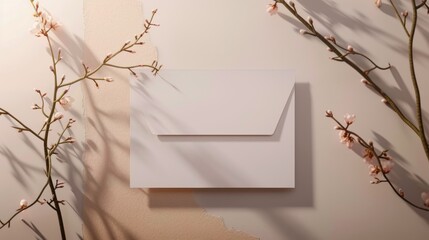 Sticker - Mockup of date card with envelope and botanical twigs on paper background