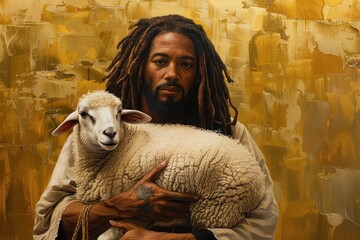 Wall Mural - Black Pastor with a sheep - Holy African American Man with a lamb - Religious Leader of the Church