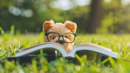 Sticker - Dog toy with glasses reading book on grass with vintage style