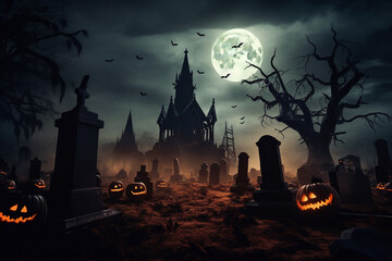 Wall Mural - AI generated image of a mysterious dark cemetery at halloween night