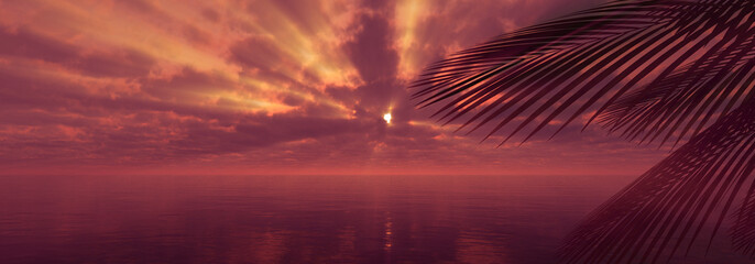 Wall Mural - sunset sea palm landscape illustration