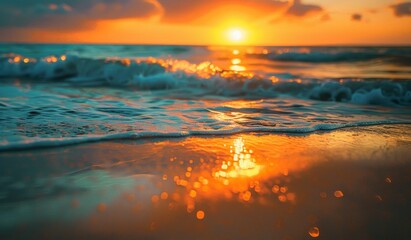 Wall Mural - beautiful sunset over the ocean with sand and waves on the beach, landscape photography, scenic