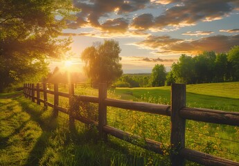 Wall Mural - Golden Sunset Over Grassy Field with Wooden Fence