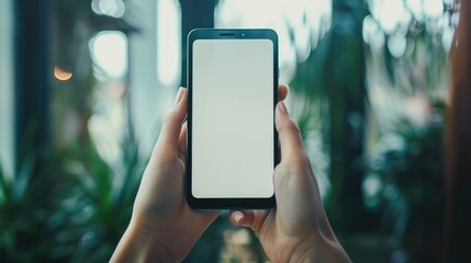 Close up of a woman s hands holding a smartphone with a blank screen depicting technology concept