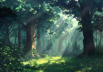 Poster - Tranquil Forest Sunlight Beams Through Trees