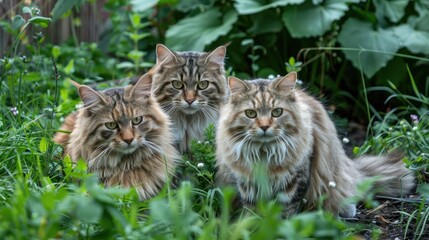 Wall Mural - Gorgeous Siberian cats grazing in lush garden outdoors