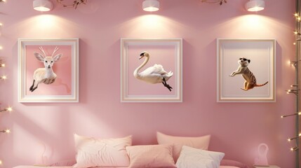 A cozy bedroom with a pastel pink wall displaying three frames: a graceful swan, a leaping deer, and a curious meerkat, all under soft spotlights.