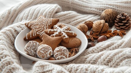 Wall Mural - Holiday Food Presentation with Gingerbread Cookies Nuts and Chocolate Balls on White Background and Cozy Blanket Decor