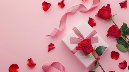 Sticker - Top view of red roses ribbons and a gift box on pink background with copy space for mockup event design for Mother s Day weddings and Valentine s Day