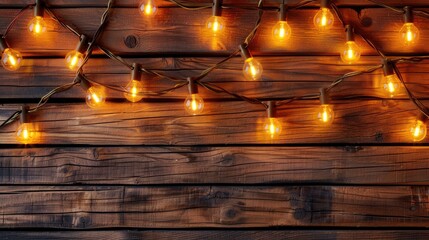 Poster - Wooden surface with yellow light bulb electric garland festive background