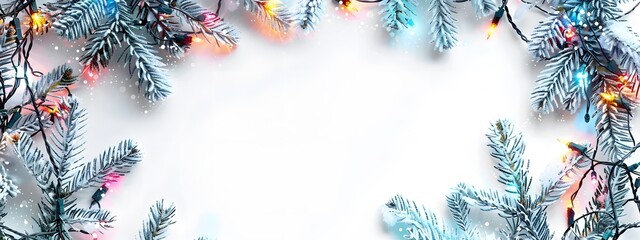 Poster - Snowy Pine Branches with Lights Festive Winter Banner