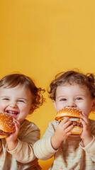 Wall Mural - cute little babies eating burger on yellow background