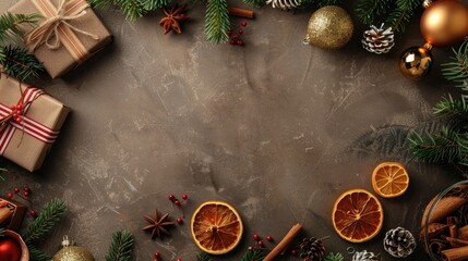 Poster - Christmas flat lay with holiday items on table top view with empty space for text