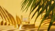 © AkuAku - Sleek beauty arrangement with glass and gold pedestal on yellow backdrop Tropical leaf shadow for natural skincare concept