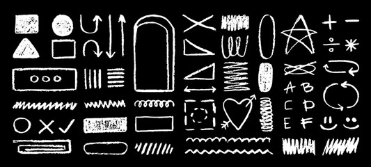 Wall Mural - set of freehand chalk doodles, arrows, different signs and symbols, graphic design decorations. vect