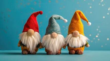 Poster - Three adorable gnome figures wearing caps on a bright backdrop Handcrafted plush dolls for home decoration Ample space for copying