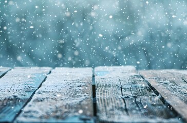 Sticker - Snowy Wooden Plank Background with Copy Space