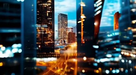 Canvas Print - Abstract cityscape at night with skyscrapers and colorful bokeh lights creating a vibrant, dynamic atmosphere.