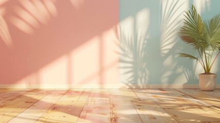 Canvas Print - Minimalistic room mockup with pastel walls wooden floor sunlight and leaf shadows