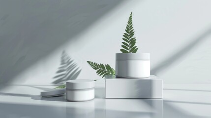 Canvas Print - Cosmetic containers and cream with leaf on white surface