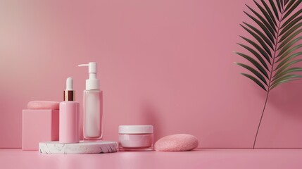 Wall Mural - Mockup of skincare products on pink background for beauty concept