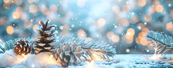 Poster - Frosted Pine Cones with Bokeh Lights on Snowy Table