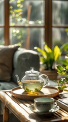 Sticker -  green tea and a teapot, in a modern apartment