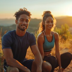 Wall Mural -  A man and woman are stretching against a clear sky during the soft light of sunrise or sunset.