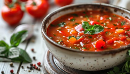 Poster -  tomato soup goulash on white wooden table