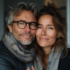 Poster -  happy modern mature couple in optical modern eye ware posing to camera in modern light environment