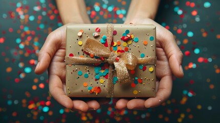 Canvas Print -  hands holding a present wrapped in craft paper with confetti