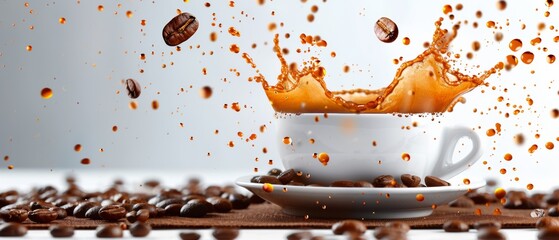 Canvas Print -  A white porcelain coffee cup on a white saucer, with a dynamic splash of coffee rising above the brim. Coffee beans are scattered on the saucer