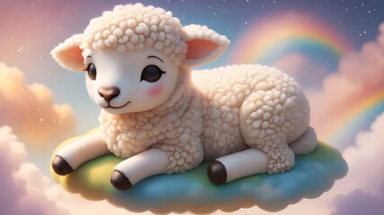 Wall Mural - A cute little lamb sleeping on top of the clouds, rainbow, Generative AI