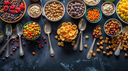 Wall Mural - A variety of breakfast cereals on dark background with vintage spoons top view