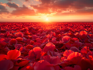 Wall Mural - a vibrant sunset with a field of red flowers in the foreground, and the sun's rays illuminating the horizon.