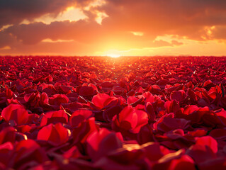 Wall Mural - a vibrant sunset with a field of red flowers in the foreground, and the sun's rays illuminating the horizon.