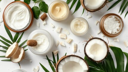 Wall Mural - Coconut butter and moisturizing cream for a home spa on a white background