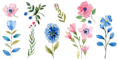 Canvas Print - set Pink and blue flowers, leaves watercolor flower clip art