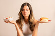 © Lomb - Woman Choosing Between Healthy Salad and Unhealthy Burger - Nutrition Decision