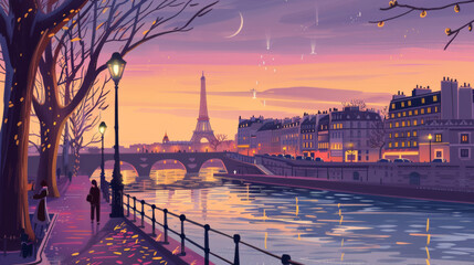 Wall Mural - an illustration poster design of the day of paris, with river, street and eiffel tower, france travel poster