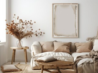 Wall Mural - In a living room interior with an armchair, a mockup poster square frame stands on the wall.