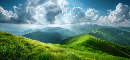 Canvas Print - Rolling Green Hills with Clouds in Carpathian Mountains