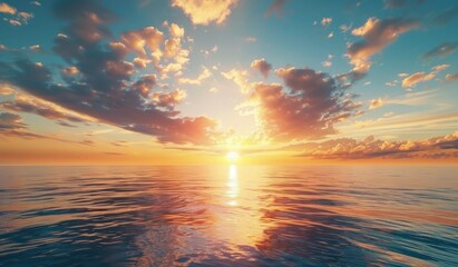 Wall Mural - beautiful sunset over the ocean with sand and waves on the beach, landscape photography, scenic