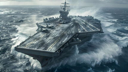 Wall Mural - military aircraft carrier ship sailing on sea.