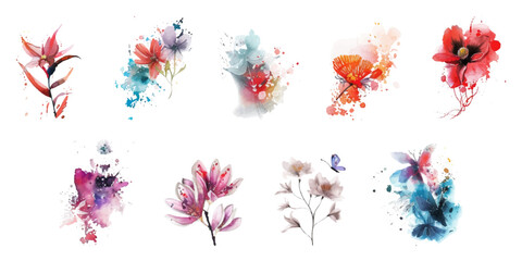 Poster - Set of watercolor flowers on a white background.