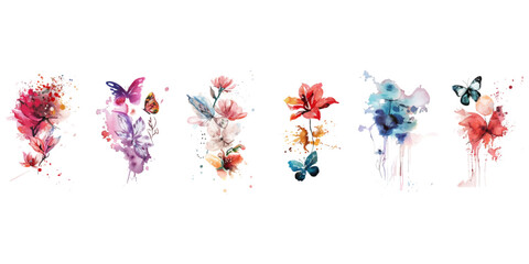 Poster - Set of watercolor flowers on a white background.