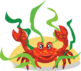 Sticker - Happy red crab cartoon character sitting on sand surrounded by green seaweed