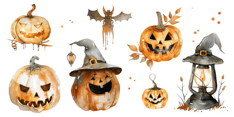 Set of watercolor Halloween illustrations on white background.