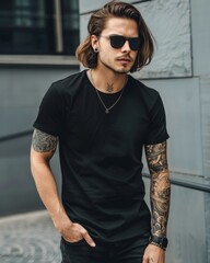 Man with long hair, beard, black t-shirt, sunglasses in city